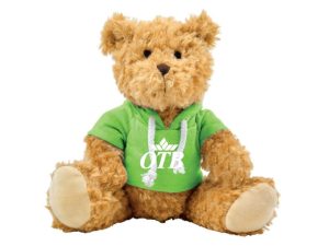 brauner Plüschteddy mit grünem OTB-Pullover