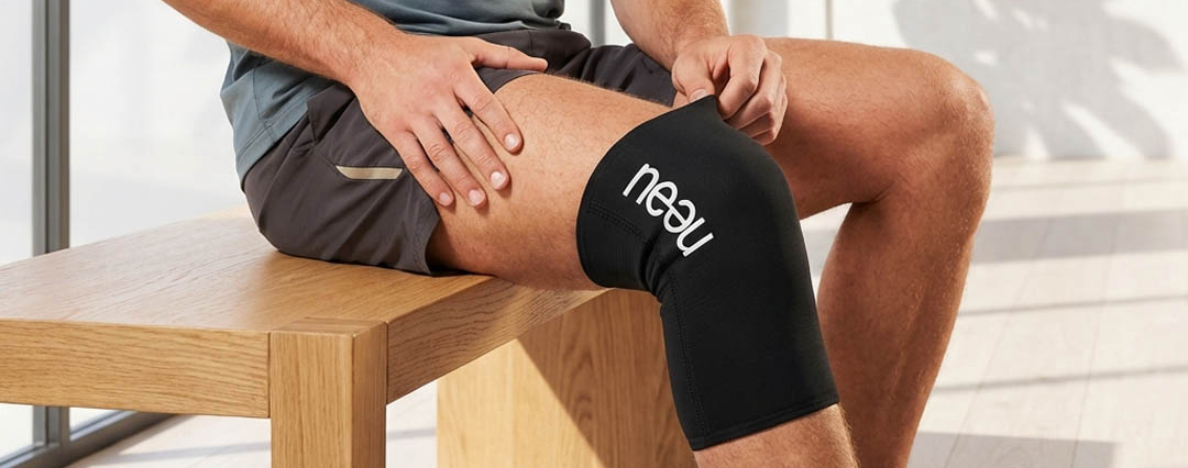 Mann in Sportkleidung zieht sich das neeu Kühlpad über das Knie; sitzt auf Bank.