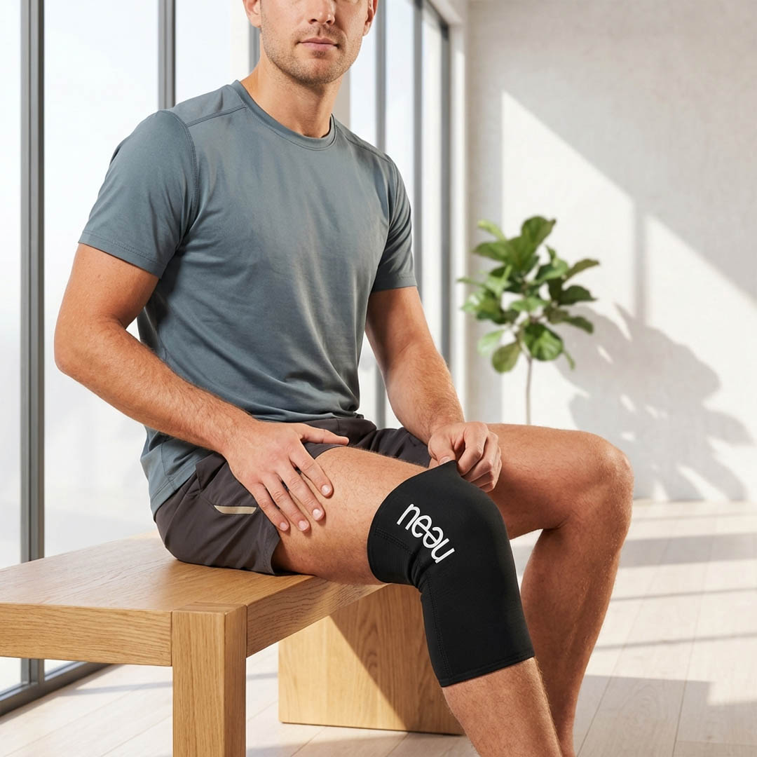 Mann in Sportkleidung zieht sich neeu Kühlpad über das rechte Knie.